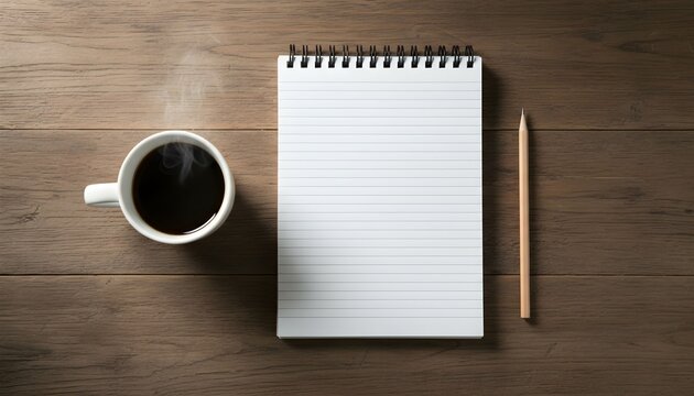 A steaming cup of black coffee sits next to a blank notepad and a pencil on a wooden desk.