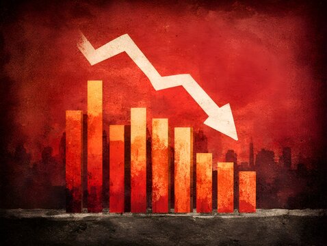 A downward trending bar graph with a white arrow overlayed on a textured red background depicts financial crisis and market recession.