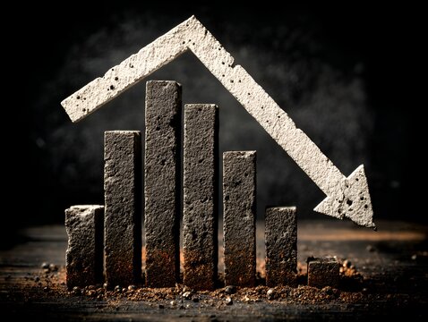 A stone financial bar graph displays a dramatic downward trend signified by an arrow against a dark moody textured background landscape.