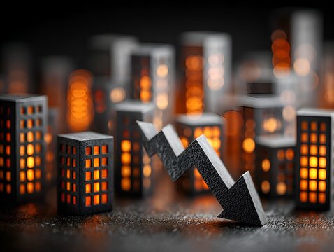 A downward arrow pierces through miniature buildings symbolizing real estate market decline and economic recession in urban landscape.