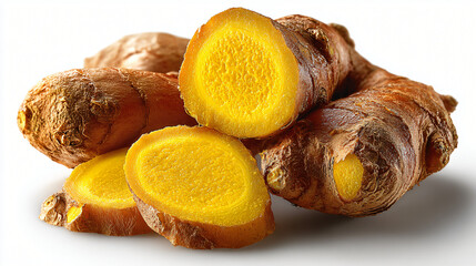 Fresh turmeric root with slices, Whole turmeric with cut pieces