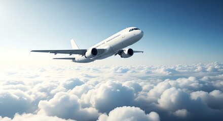 White passenger airplane flying above white clouds in blue sky
