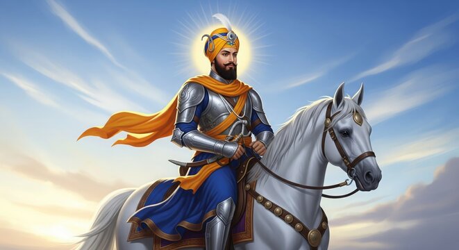 Guru Gobind Singh Ji Riding Horse. Semi-Realistic Divine Warrior Scene.