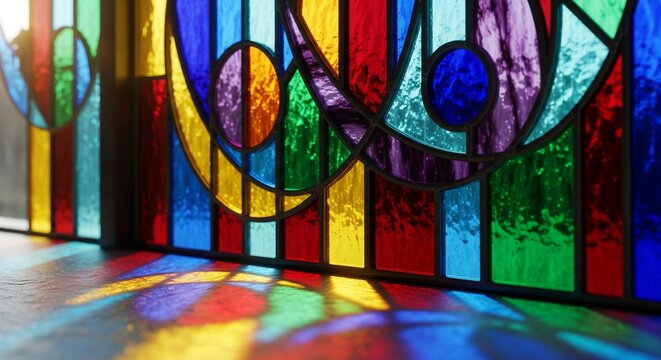 A close-up view of a modern abstract stained glass window, featuring a vibrant array of geometric and organic shapes in rich, jewel-toned colors like red, blue, green, yellow, purple, and orange.
