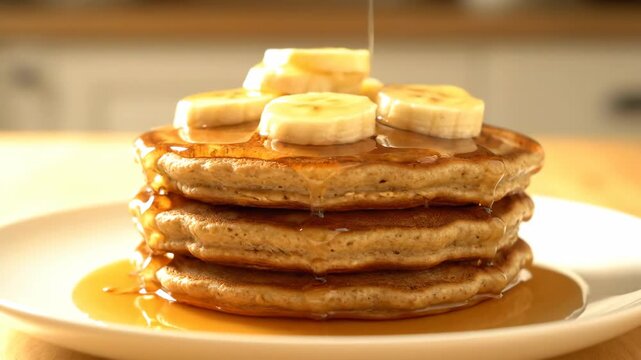 A stack of fluffy pancakes topped with banana slices is drizzled with syrup. The syrup drips, creating a delicious visual
