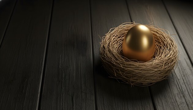 A single golden egg rests in a natural bird's nest on a dark wooden surface. - Powered by Adobe