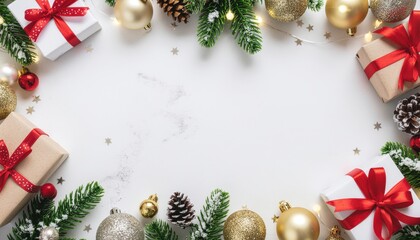 Festive holiday gift arrangement with decorations and ornaments on a white background christmas celebration flat lay cheerful atmosphere seasonal spirit creative display