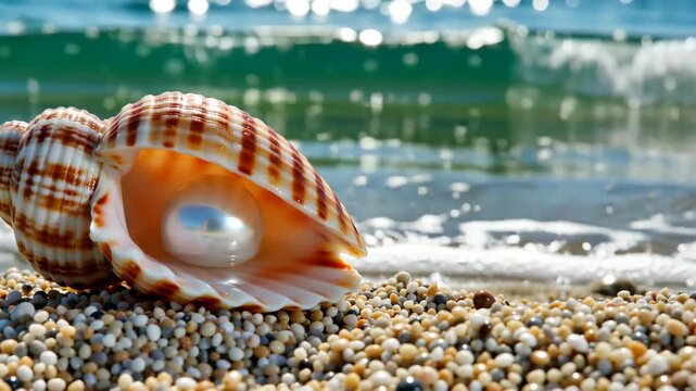 Open seashell with shining pearl inside, resting on wet sand, blurred turquoise ocean background sparkling with bright summer bokeh