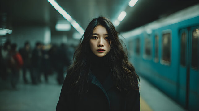 Young east asian woman waiting on subway platform