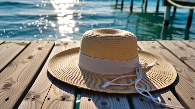 Elegant straw hat with wide brim lying on wooden pier, blurred turquoise sea and clear sky behind glowing with warm summer bokeh