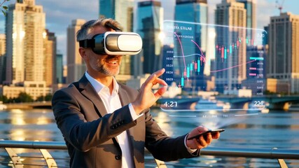 Mature businessman in suit wearing vr headset viewing holographic stock market charts outdoors city waterfront sunset, concept of fintech companies, trading platforms, metaverse business - Powered by Adobe