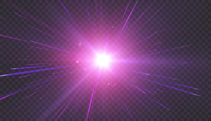 Bright purple light effect with rays and glowing particle stream. Dynamic starburst flash. Vector light effect for design and illustration. © Valeriia