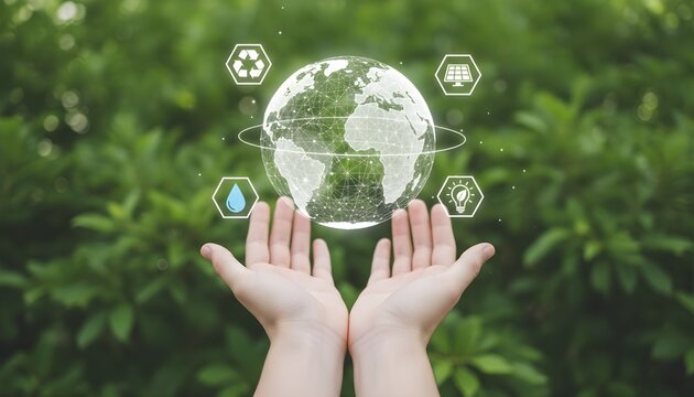 Human hands holding a glowing Earth hologram with icons for recycling, solar power, and green energy, symbolizing sustainability.