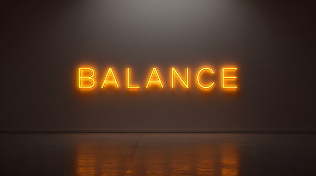 Balance word glowing orange neon light on wall