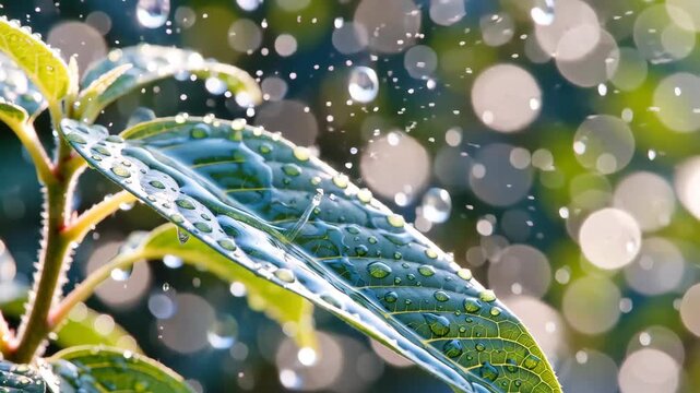 Closeup fresh green leaf covered in sparkling water droplets after rain, soft green golden bokeh background, pure nature macro, concept of skincare brands, wellness spas, eco cosmetics - Powered by Adobe