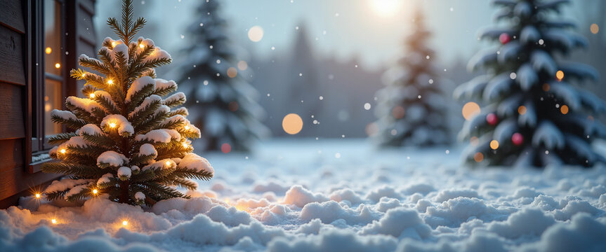 Snowy landscape with decorated Christmas tree and warm lights at dusk  