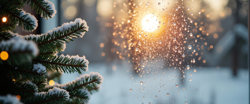 Close-up of a frosted window pane with blurred Christmas tree lights  