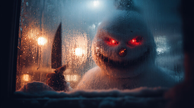 A sinister snowman killer outside the window with a terrifying smile and a knife, a monster snowman
