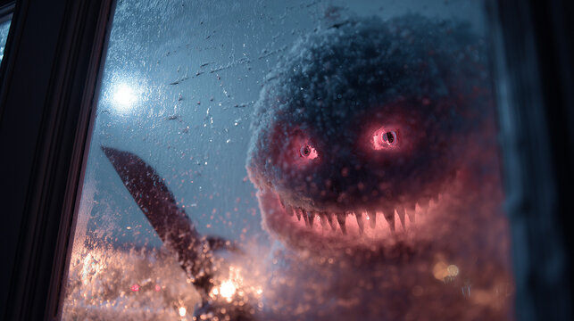 A sinister snowman killer outside the window with a terrifying smile and a knife, a monster snowman - Powered by Adobe