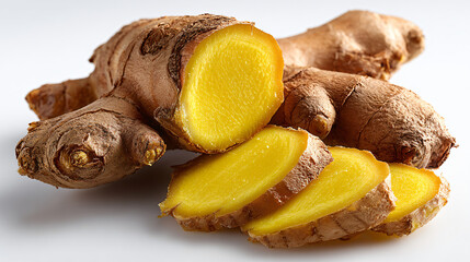 Whole ginger with sliced rounds, Fresh ginger cut into pieces