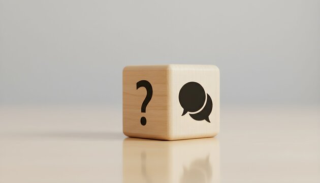 Wooden cube with question mark and speech bubble icons, representing communication and inquiry.