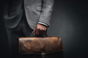Businessman suit briefcase leather hand grip corporate office finance success confident elegance dark background moody style