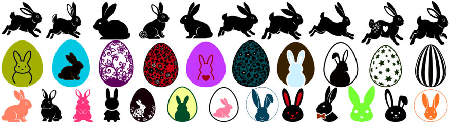 Collection of various easter bunny silhouettes in different colors and styles arranged in rows on white