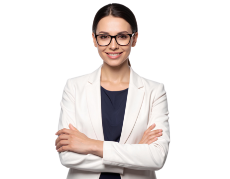 Portrait of a smiling businesswoman wearing eyeglasses with arms crossed, isolated on transparent background.
