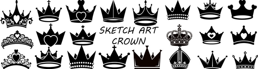 A collection of various crown designs in black silhouette against a white background display crowns