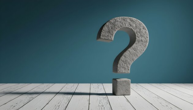 A large, textured stone question mark stands on a wooden floor against a teal background.