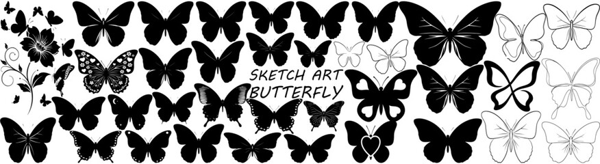 A collection of butterfly illustrations in black and white with varying styles and designs shown