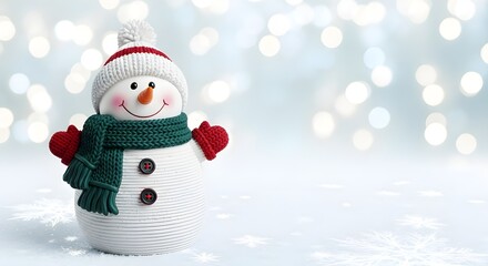 Happy Snowman with Green Scarf and Red Hat on Snowy Background with Bokeh Lights and Copy Space