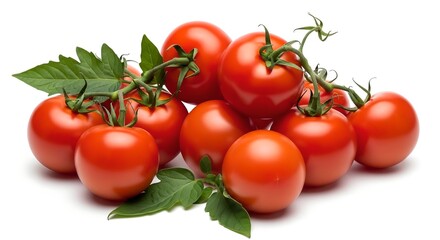 Fresh red roma tomatoes on the vine with green leaves