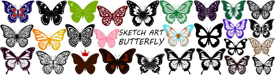 Collection of black and white butterfly illustrations in various styles and designs on a white background