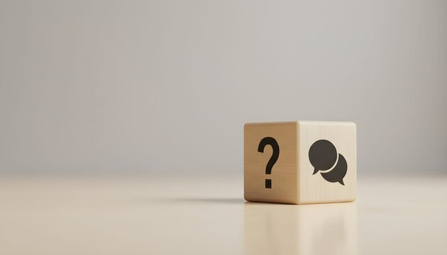 Wooden block with a question mark and speech bubble icons symbolizing questions, answers, and communication.