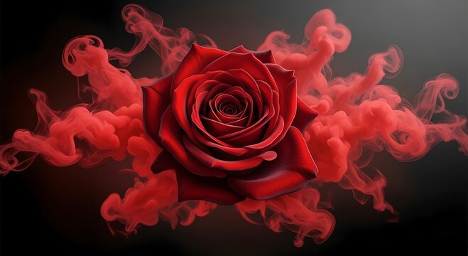 Vibrant red rose blooms amidst swirling crimson ink clouds