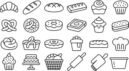 Simple outline drawings display a wide variety of delicious bakery items in one place