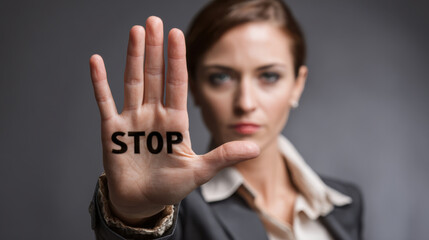 Stop hand gesture businesswoman serious face warning open palm office attire close up female leadership no entry Calm focus