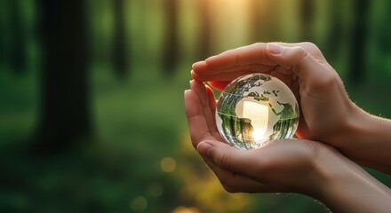 Hands holding a globe with continents in soft light outdoors for International Earth Day