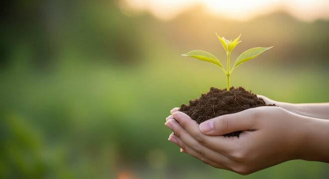 Hands holding a young plant with soil in a green environment for International Earth Day   - Powered by Adobe