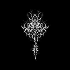 White neo-tribal symbol with sharp branching lines forming a symmetrical gothic metal ornament on a black background