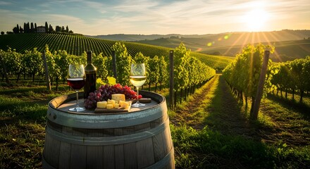 Beautiful tuscan countryside at sunset with grape plantation sun setting over rolling hills two glasses of beverage and bottle on rustic wooden barrel with food