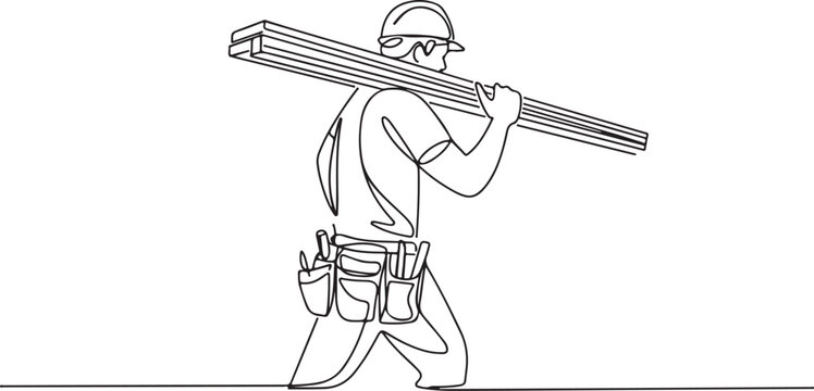 Single line art shows construction worker with hardhat carrying lumber on his shoulder - Powered by Adobe