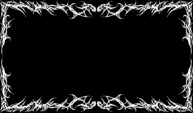 White neo-tribal ornamental frame with sharp thorn patterns forming a symmetrical decorative border on a black background