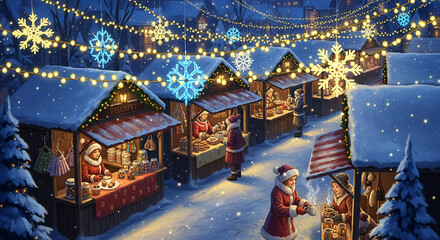 Illustration of a Christmas market with snowy stalls, illuminated snowflakes, and people. It represents a festive and joyful atmosphere of winter holiday