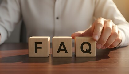 A person's hand is reaching out to touch wooden blocks with the letters F, A, and Q on them, representing frequently asked questions.