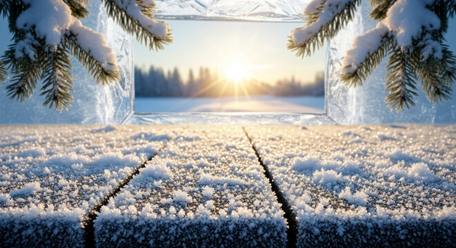 Snowy wooden surface with ice frame and fir branches, displaying a winter scene with distant sun, representing cold season, Christmas, holiday, and festive mood