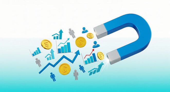 Attract new customers and boost your sales with this captivating magnet illustration, showcasing business growth, financial success, and market leadership