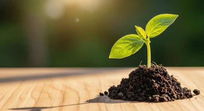 Green sprout growing from soil on wooden table representing International Earth Day