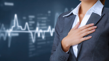 Businesswoman health heartbeat pledge chest suit concept corporate wellness cardiology with calm focus and integrity